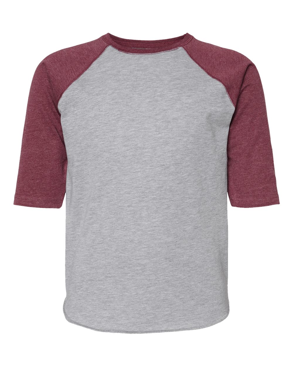 Front View of Vintage Heather/ Vintage Burgundy Youth Baseball Fine Jersey Three-Quarter Sleeve Tee - 6130