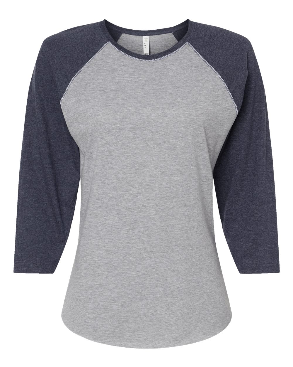 Front View of Vintage Heather/ Vintage Navy Women's Baseball Fine Jersey Three-Quarter Sleeve Tee - 3530