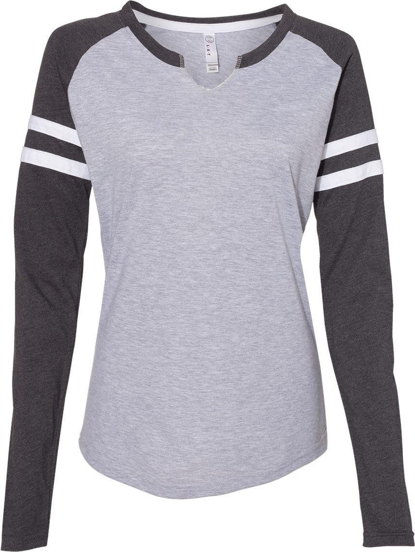 Front View of Vintage Heather/ Vintage Navy Women's Fine Jersey Mash Up Long Sleeve T-Shirt - 3534