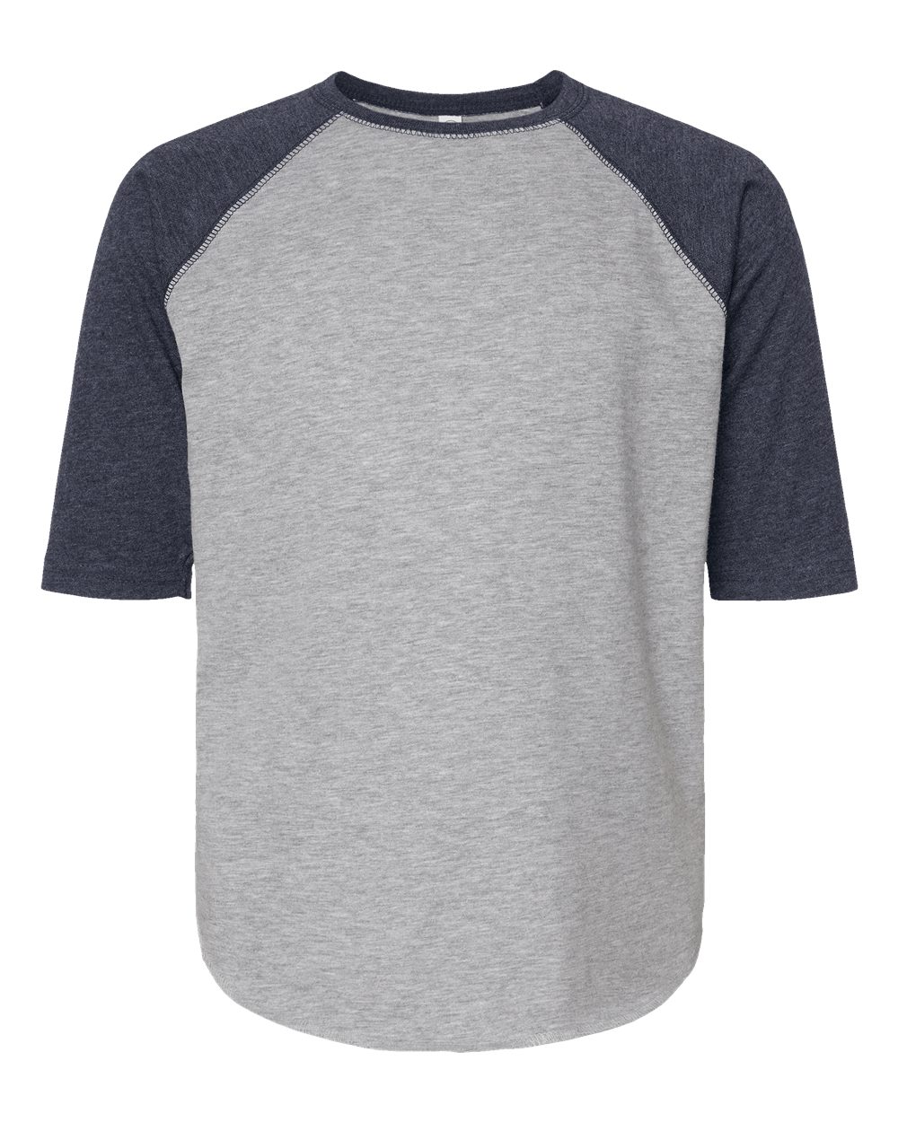 Front View of Vintage Heather/ Vintage Navy Youth Baseball Fine Jersey Three-Quarter Sleeve Tee - 6130