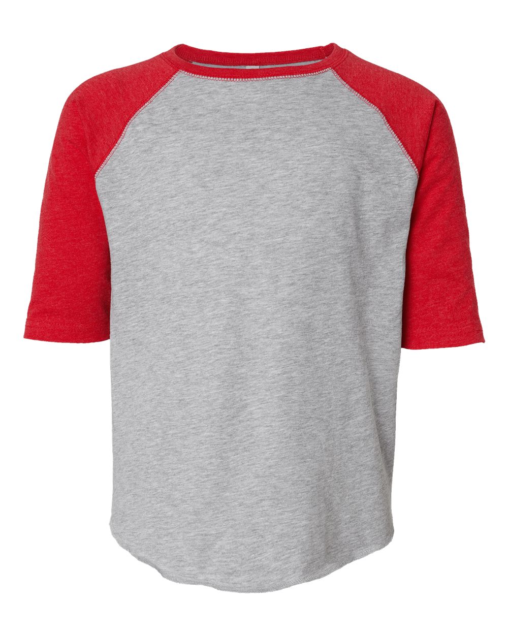 Front View of Vintage Heather/ Vintage Red Youth Baseball Fine Jersey Three-Quarter Sleeve Tee - 6130