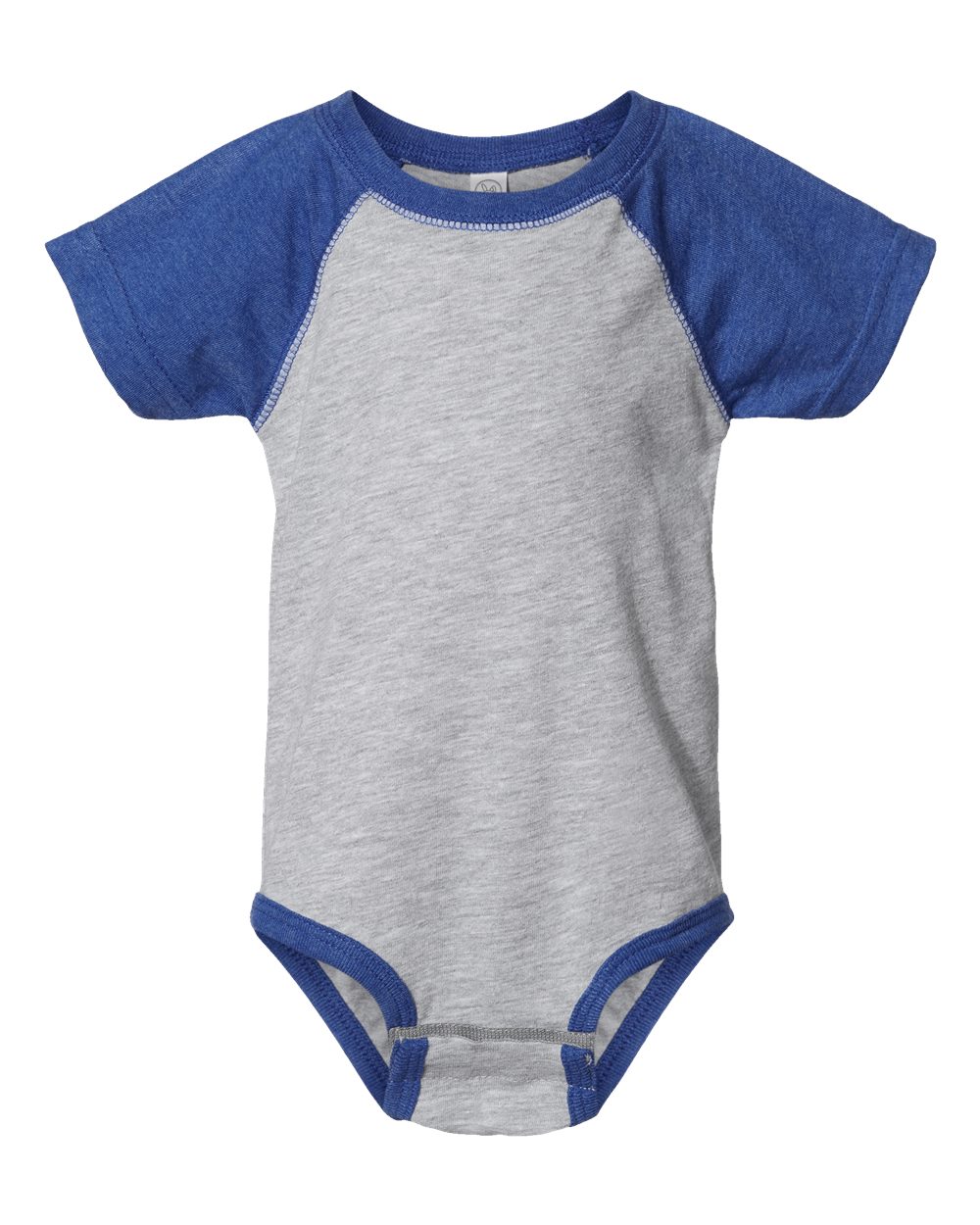 Front View of Vintage Heather/ Vintage Royal Infant Baseball Fine Jersey Bodysuit - 4430