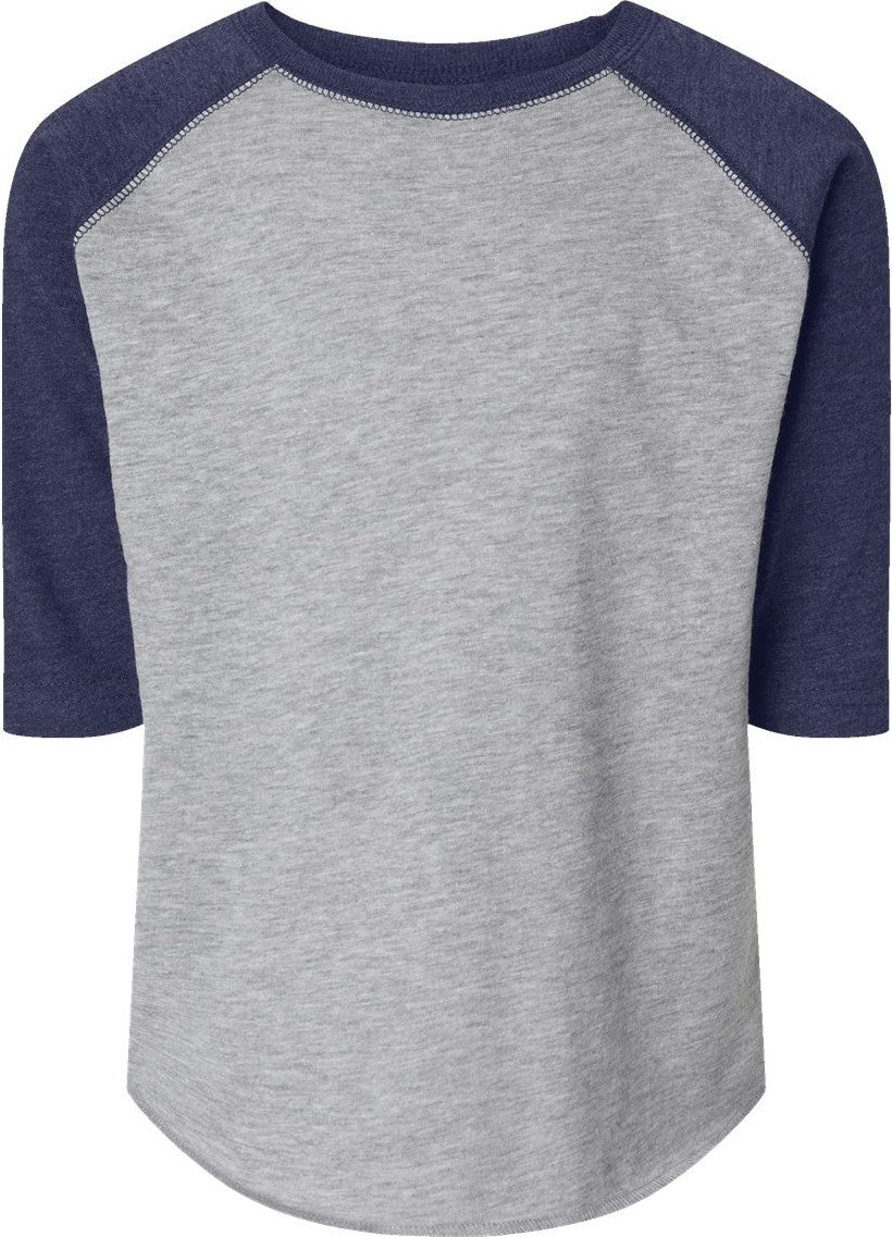 Front View of Vintage Heather/ Vintage True Navy Toddler Baseball Fine Jersey Three-Quarter Sleeve Tee - 3330