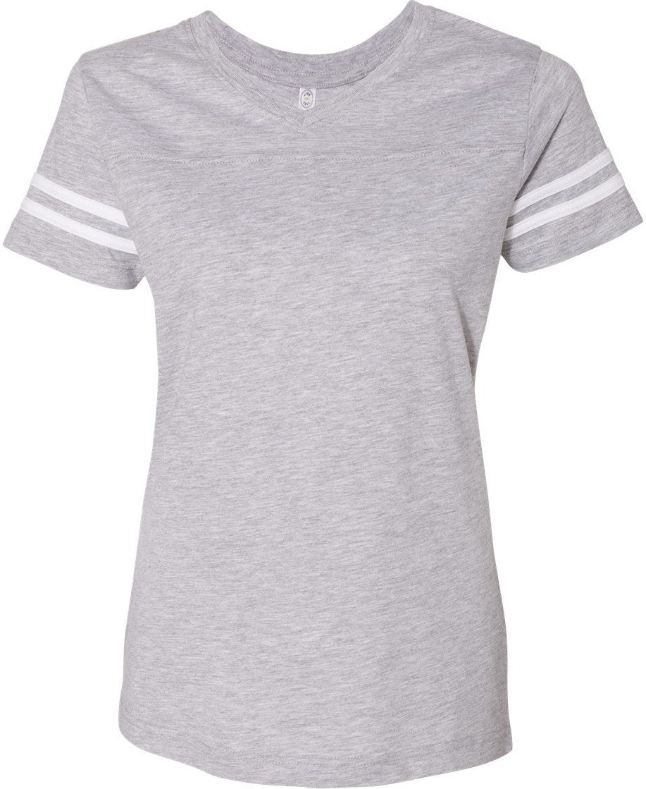 Front View of Vintage Heather/ White Women's Football V-Neck Fine Jersey Tee - 3537