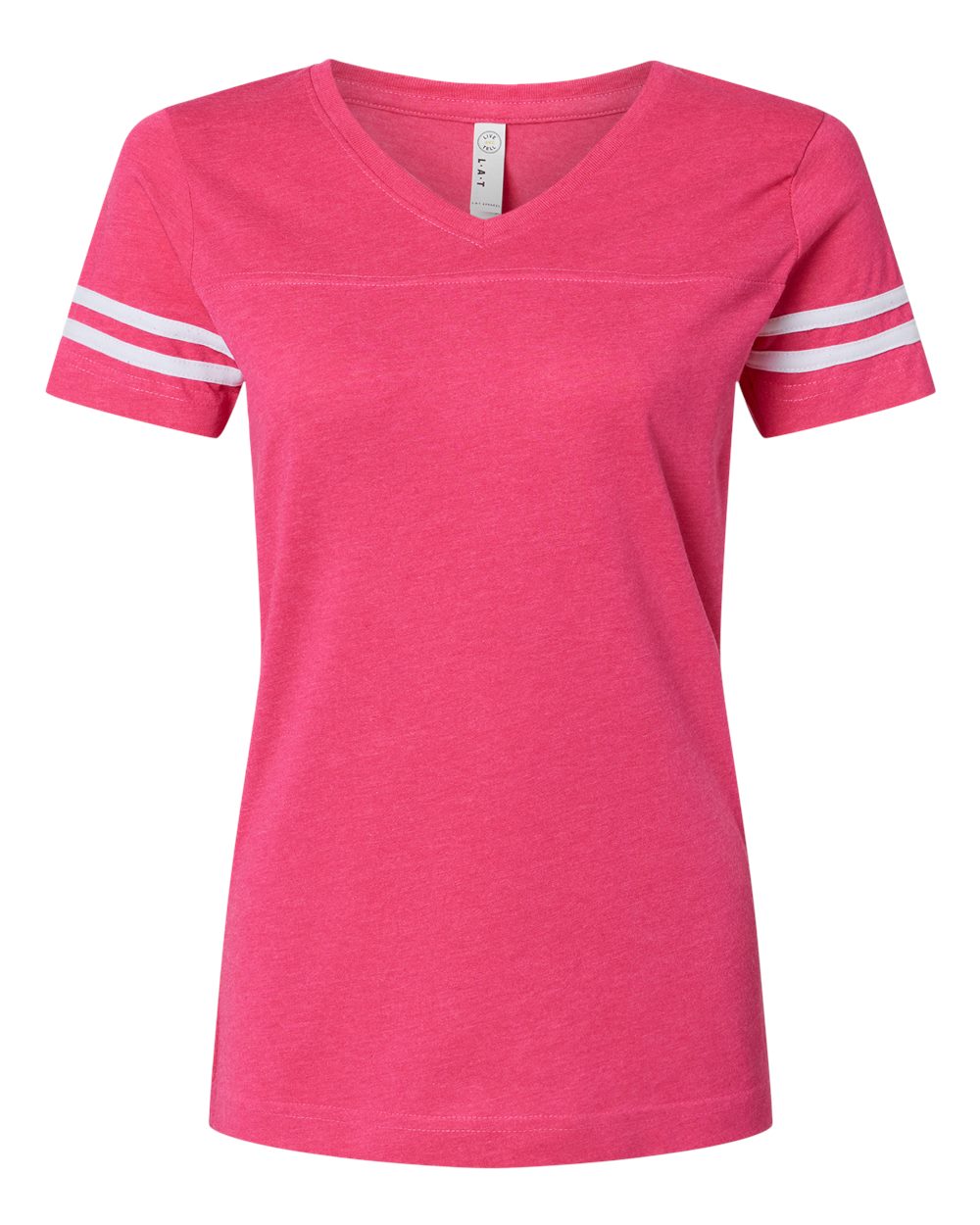Front View of Vintage Hot Pink/ White Women's Football V-Neck Fine Jersey Tee - 3537