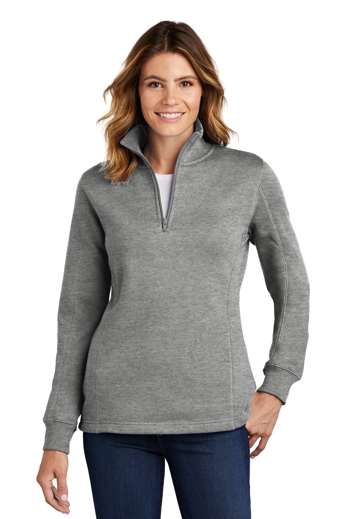 Front View of Vintage Hthr Sport-Tek Women's 1/4-Zip Sweatshirt. LST253