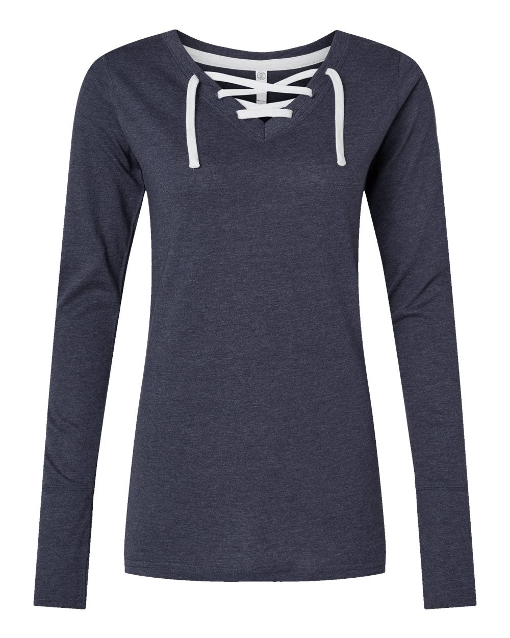 Front View of Vintage Navy/ White Women's Fine Jersey Lace-Up Long Sleeve T-Shirt - 3538