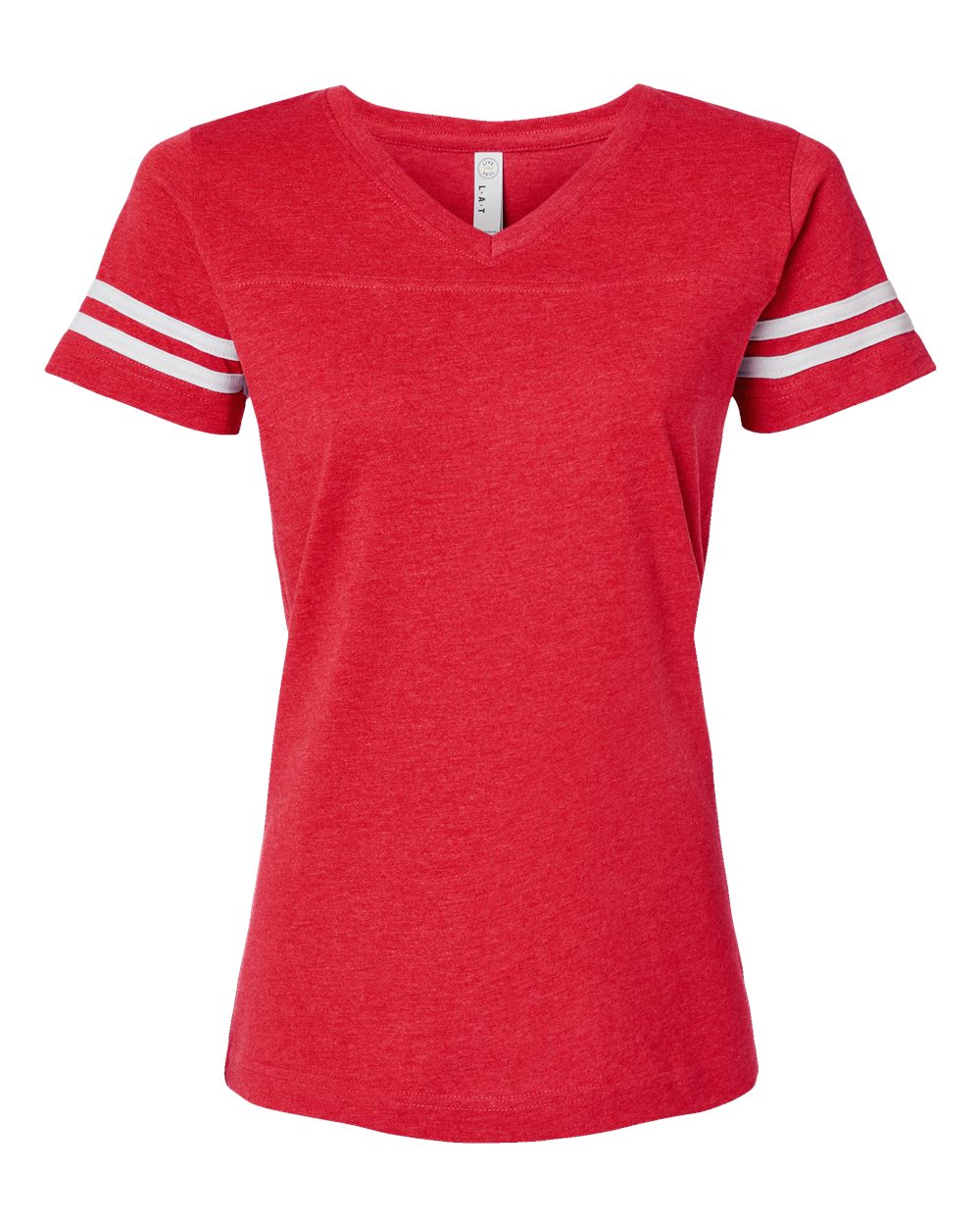 Front View of Vintage Red/ White Women's Football V-Neck Fine Jersey Tee - 3537