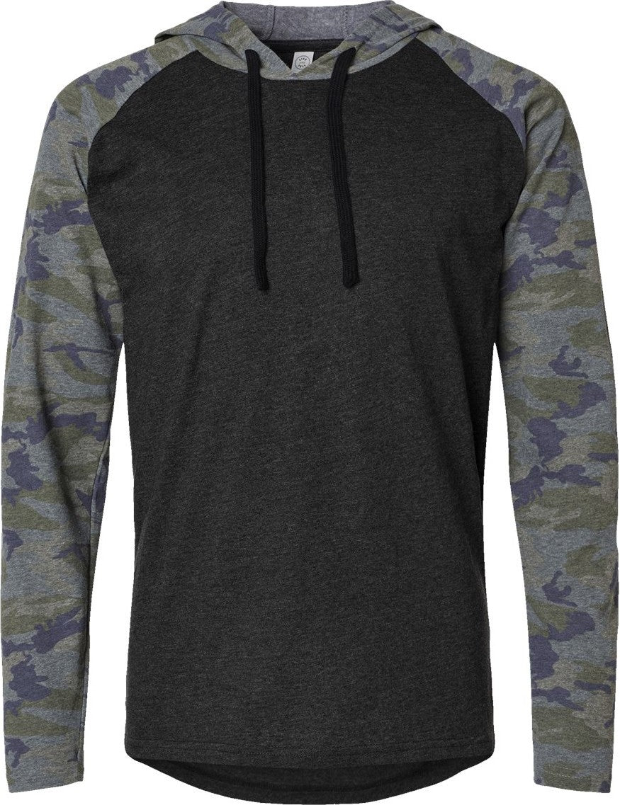 Front View of Vintage Smoke/ Vintage Camo/ Black Fine Jersey Hooded Long Sleeve Raglan T-Shirt - 6917