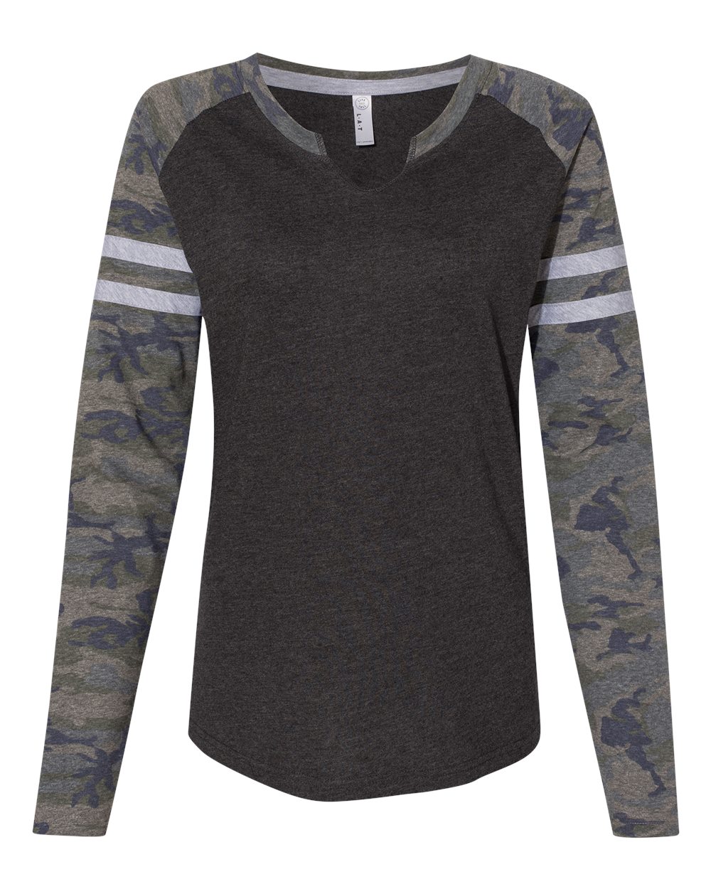 Front View of Vintage Smoke/ Vintage Camo Women's Fine Jersey Mash Up Long Sleeve T-Shirt - 3534