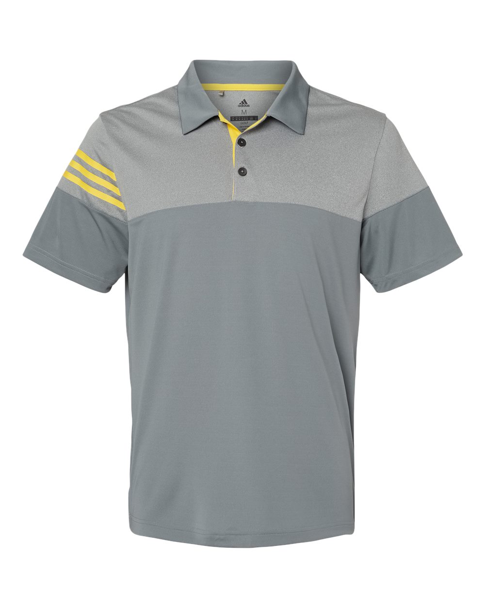 Front View of Vista Grey/ EQT Yellow Heathered 3-Stripes Colorblocked Polo - A213