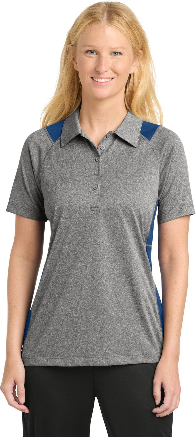 Front View of VtgHthr/Ry Sport-Tek Women's Heather Colorblock Contender Polo. LST665