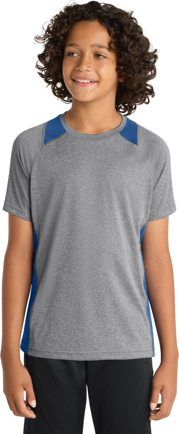 Front View of VtgHthr/Ry Sport-Tek Youth Heather Colorblock Contender Tee. YST361