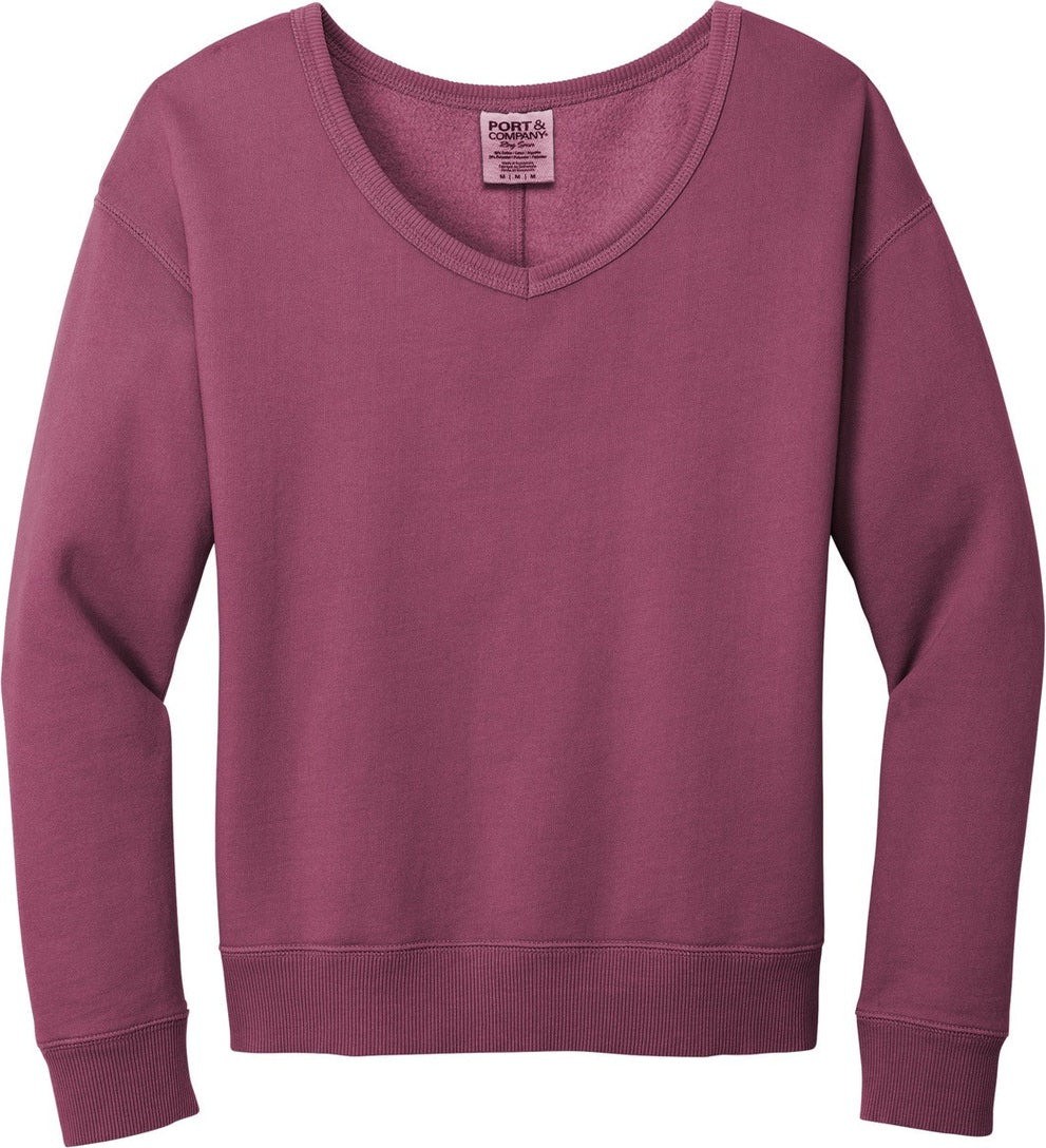 Front View of VtgRaspbry Port & Co Women's Beach Wash Garment-Dyed V-Neck Sweatshirt LPC098V