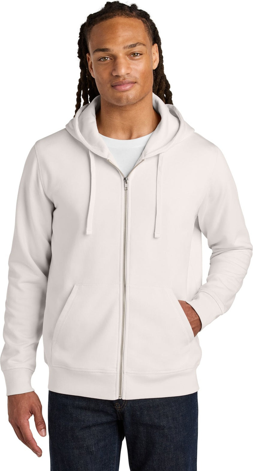 Front View of VtgWhite Stanley/Stella Unisex Mixer Full-Zip Hooded Sweatshirt SXU011