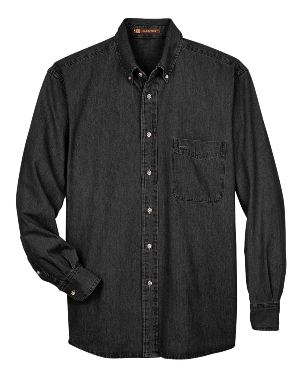 Front View of Washed Black Men's Long Sleeve Denim Shirt - M550
