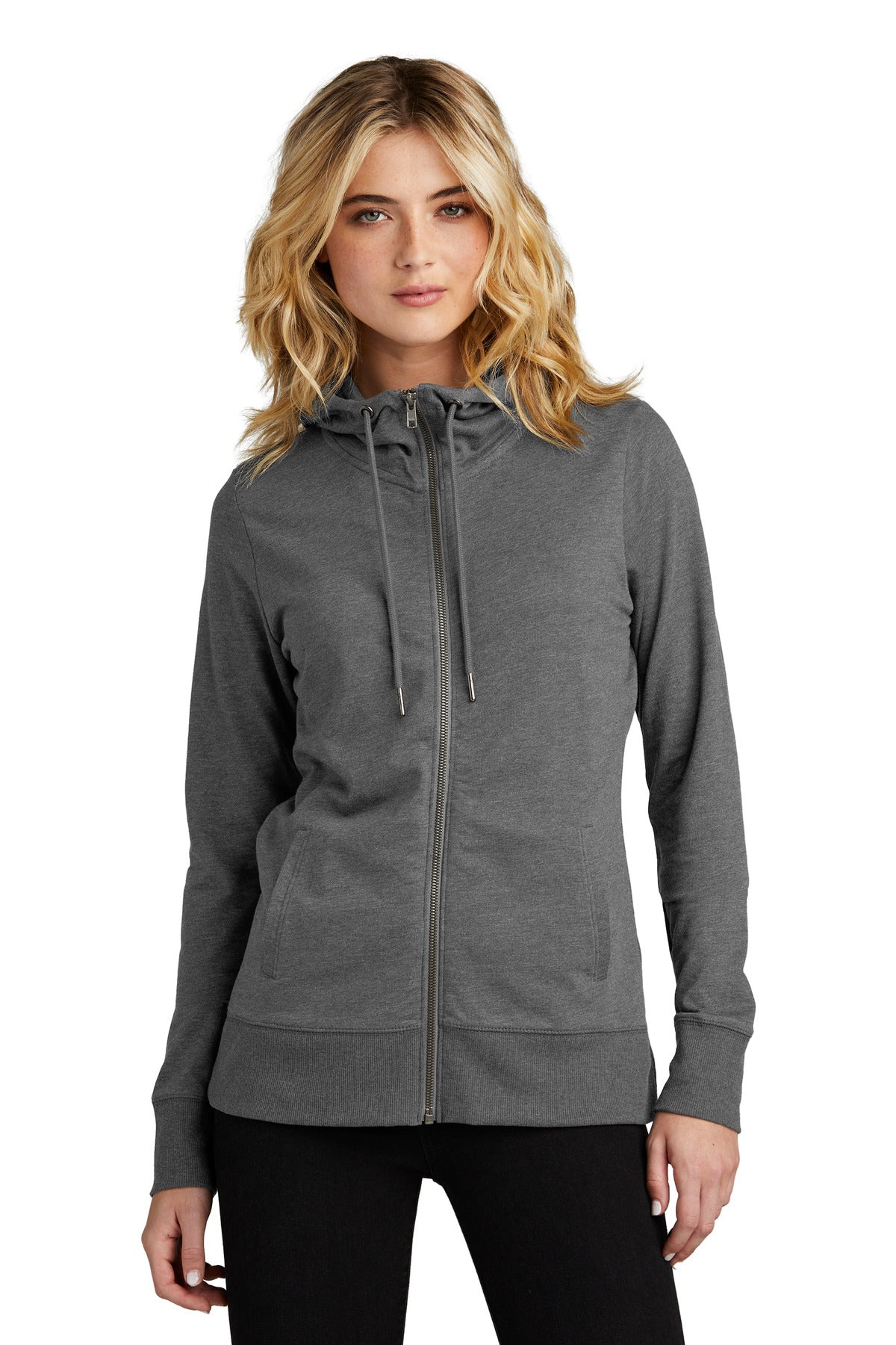 Front View of WashedCoal District Women's Featherweight French Terry Full-Zip Hoodie DT673