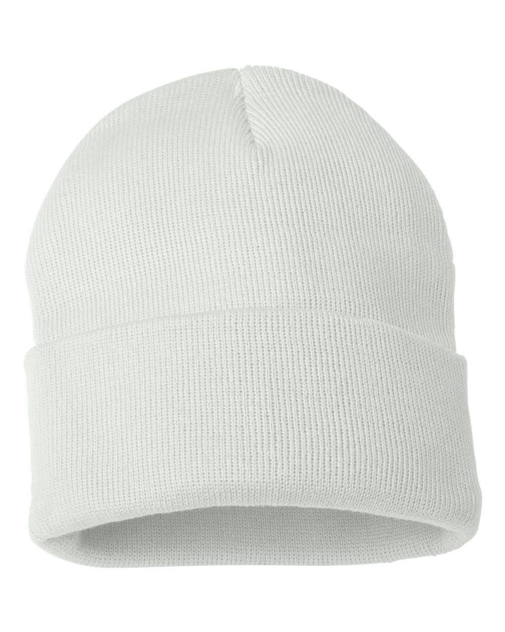 Front View of White 12" Solid Cuffed Beanie - SP12