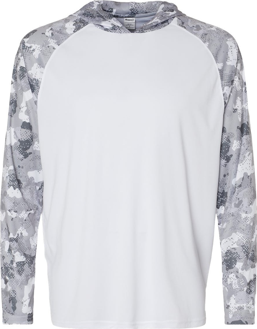 Front View of White/ Aluminum Camo Tortuga Extreme Performance Hooded T-Shirt - 240