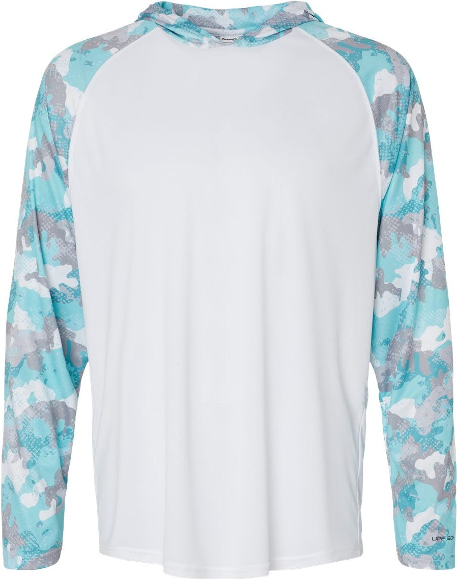 Front View of White/ Aqua Camo Tortuga Extreme Performance Hooded T-Shirt - 240