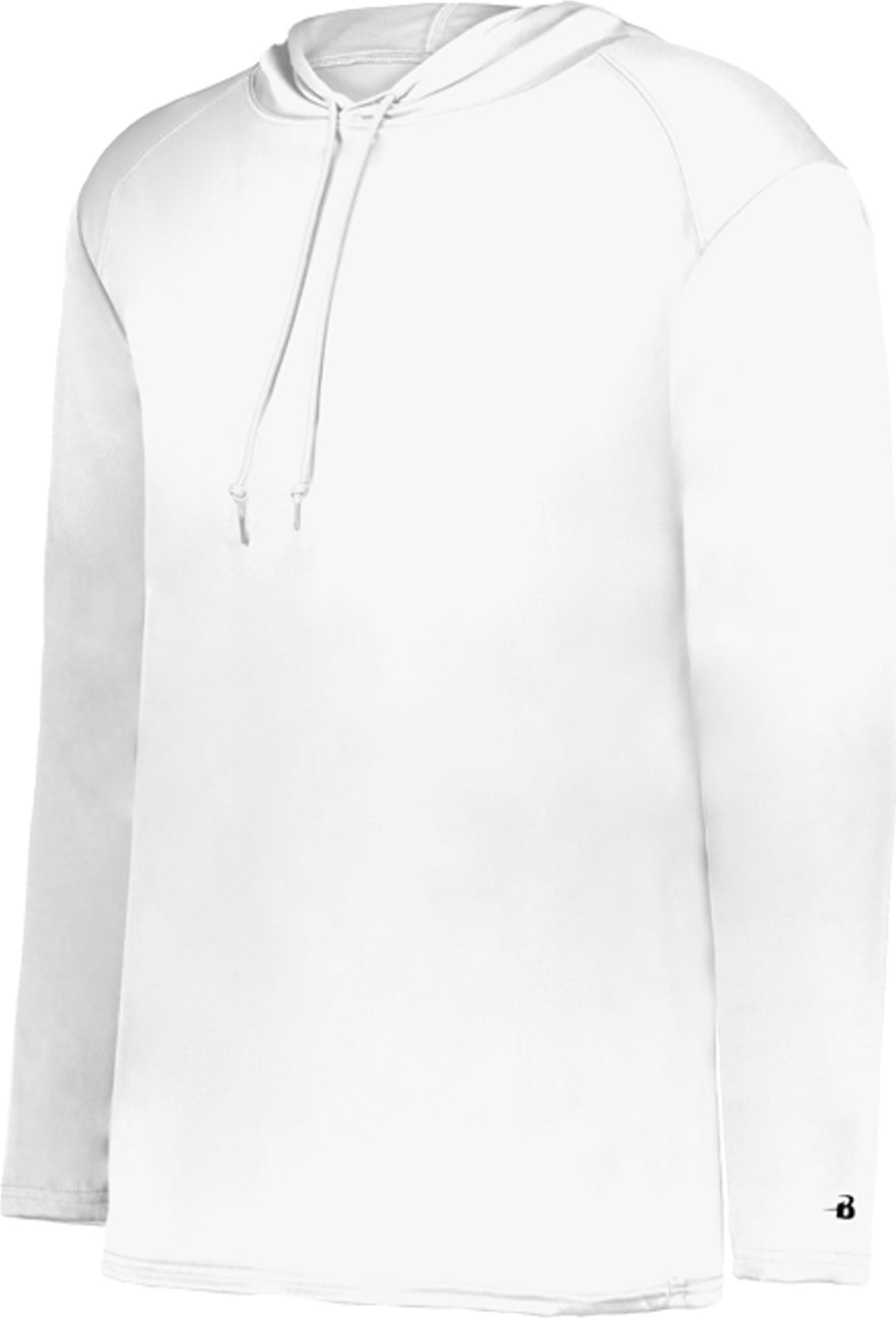 Front View of WHITE B-CORE L/S HOOD TEE