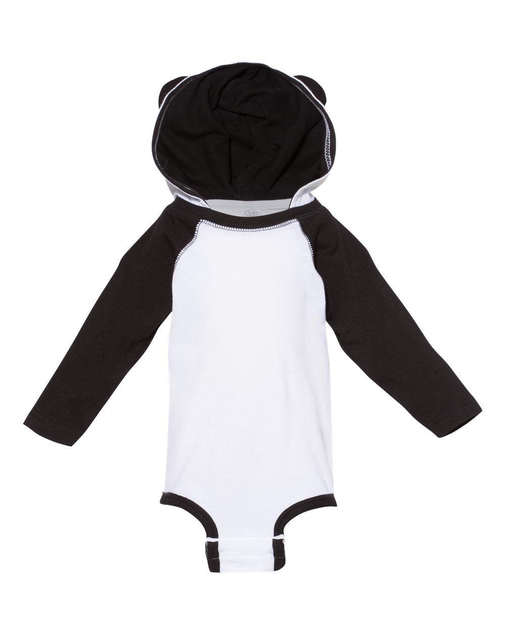 Front View of White/ Black Fine Jersey Infant Character Hooded Long Sleeve Bodysuit with Ears - 4418