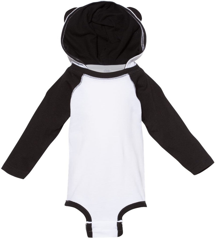 Front View of White/ Black Fine Jersey Infant Character Hooded Long Sleeve Bodysuit with Ears - 4418