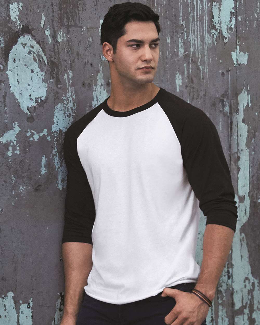 Front View of White/ Black Ink Premium Blend Ringspun Three-Quarter Sleeve Raglan Baseball T-Shirt - 560RR