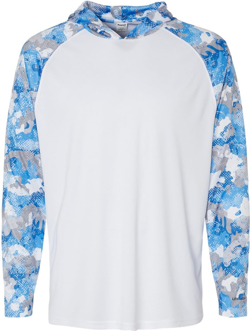 Front View of White/ Blue Mist Camo Tortuga Extreme Performance Hooded T-Shirt - 240