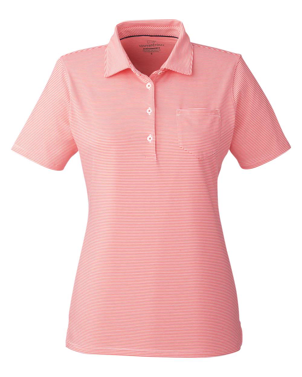 Front View of White Cap/Fiery Coral Women's Fanshell Polo - G001320