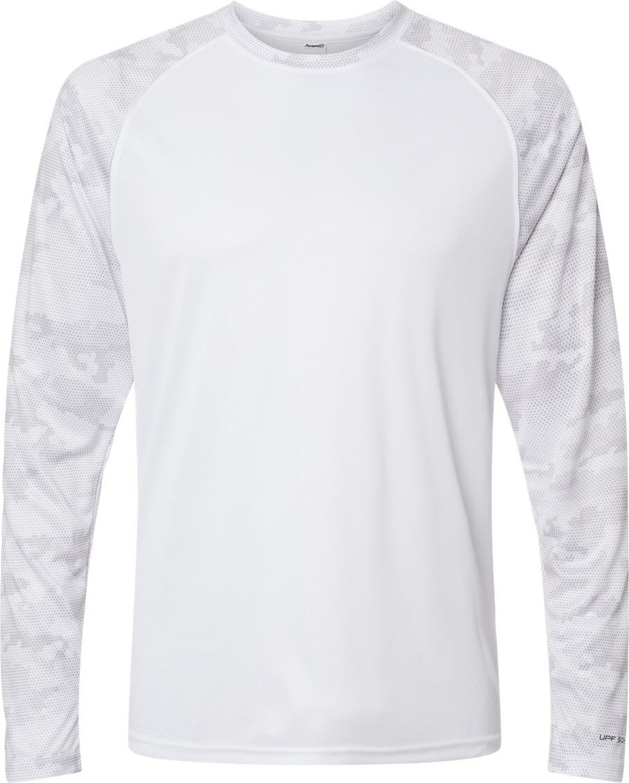 Front View of White Cayman Performance Camo Colorblocked Long Sleeve T-Shirt - 216