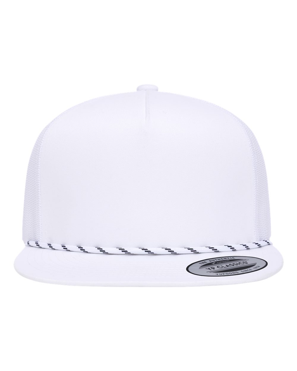 Front View of White Classic Five-Panel Trucker Rope Cap - 6006BD