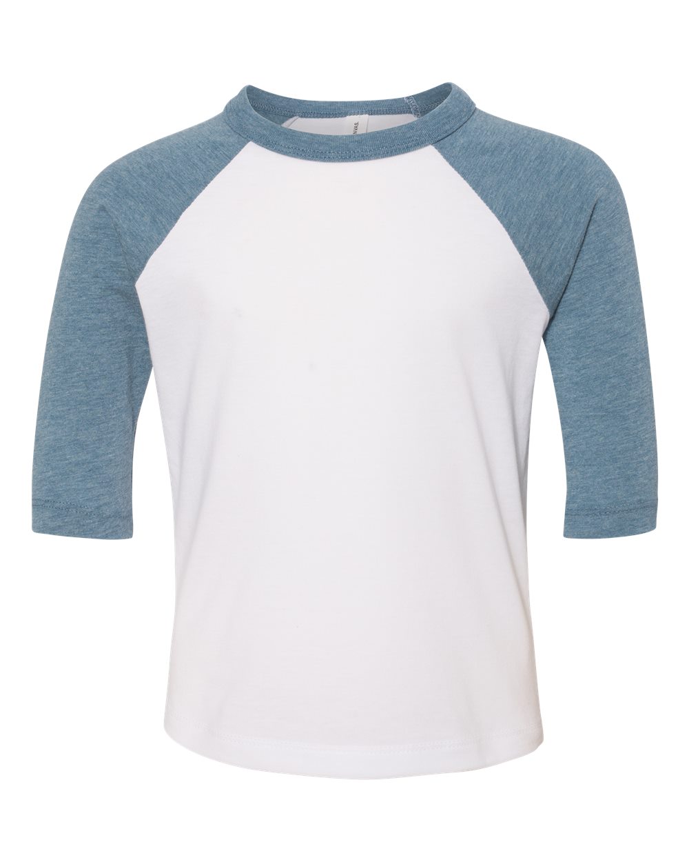 Front View of White/ Denim Toddler Three-Quarter Sleeve Baseball Tee - 3200T