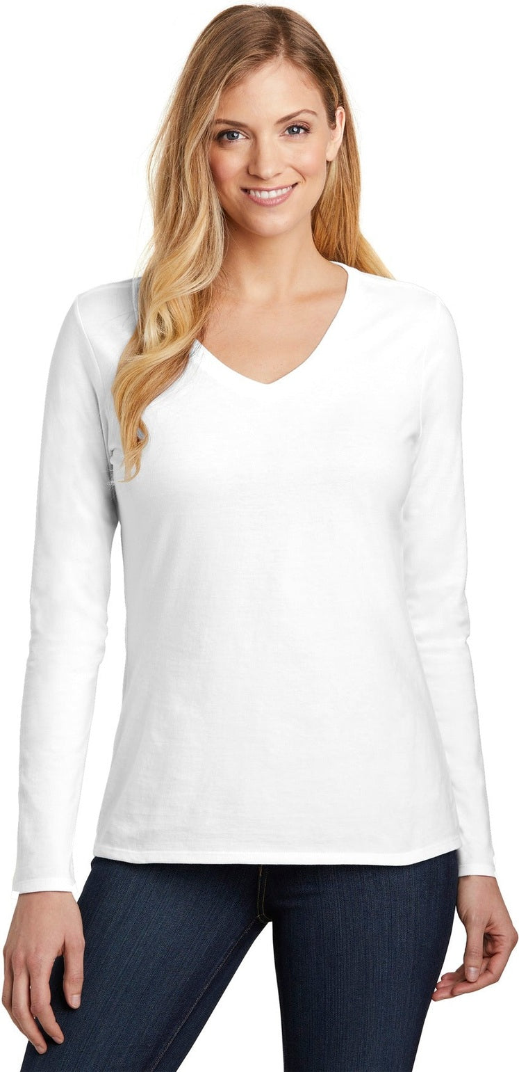 Front View of White District Women's Very Important Tee Long Sleeve V-Neck. DT6201