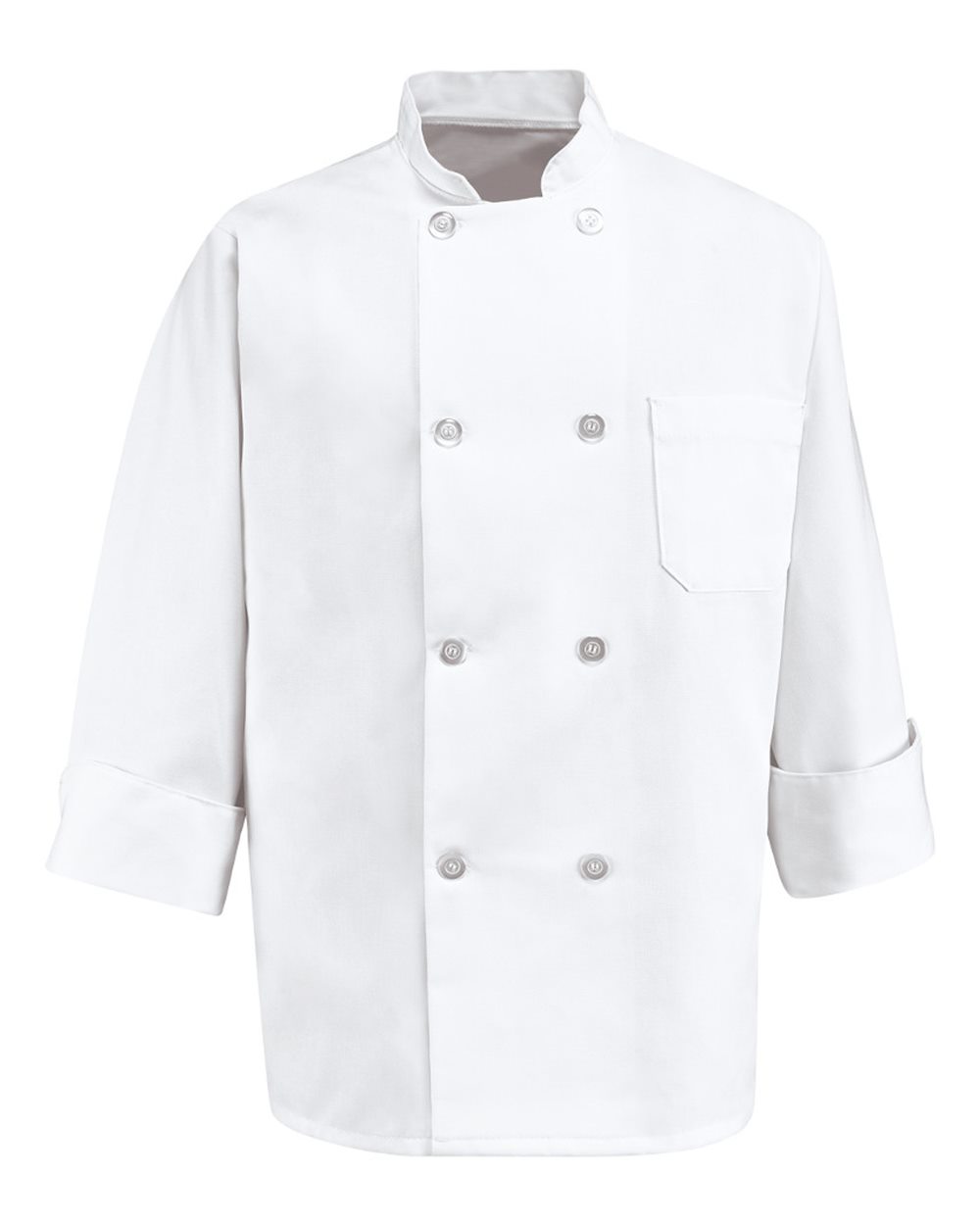 Front View of White Eight Pearl Button Chef Coat - 0403
