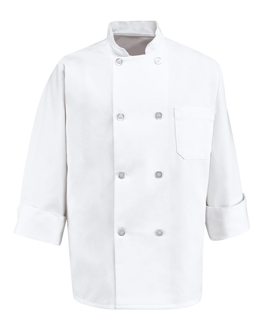 Front View of White Eight Pearl Button Chef Coat - Tall Sizes - 0403T