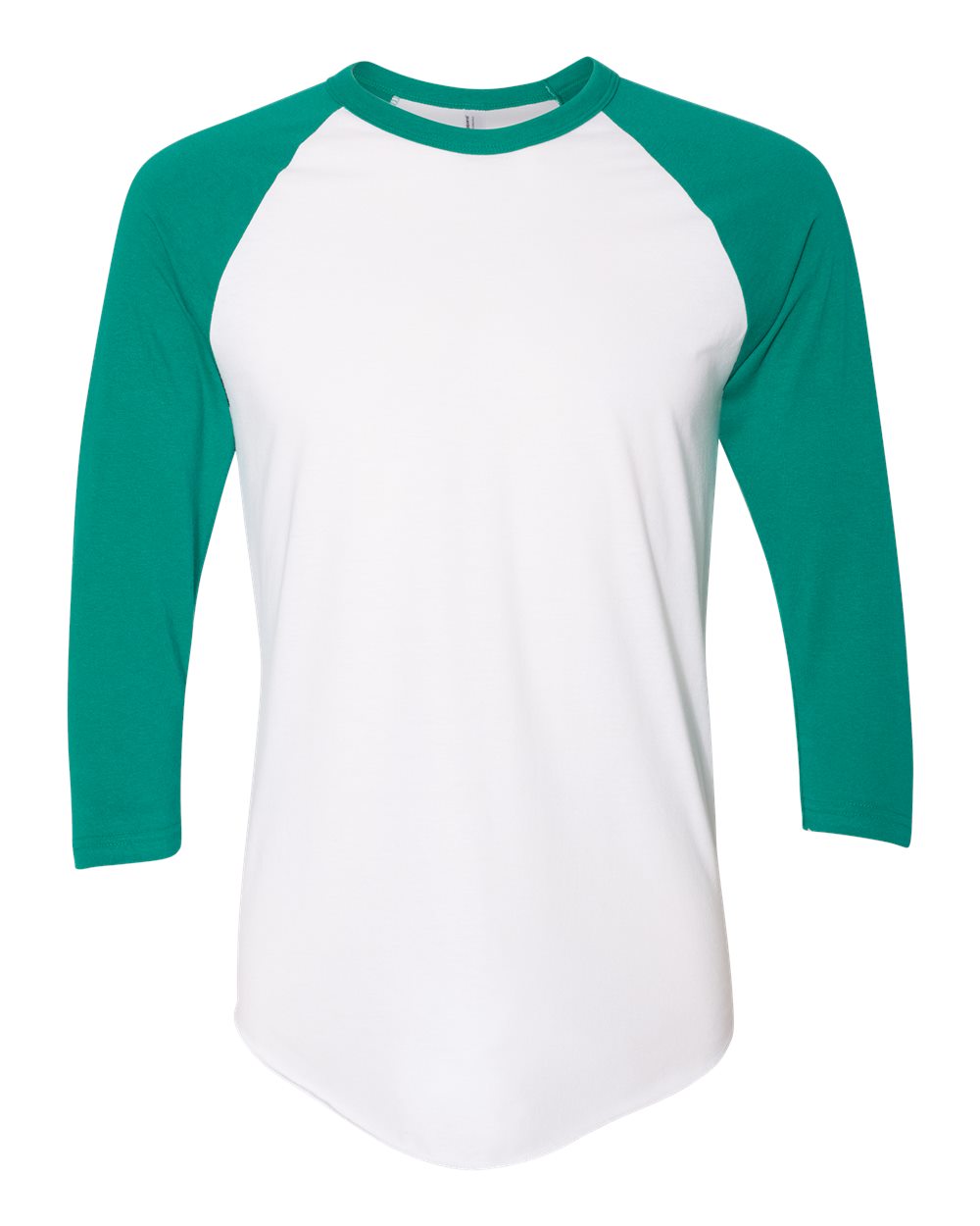 Front View of White/ Evergreen 50/50 Raglan Three-Quarter Sleeve Tee - BB453W