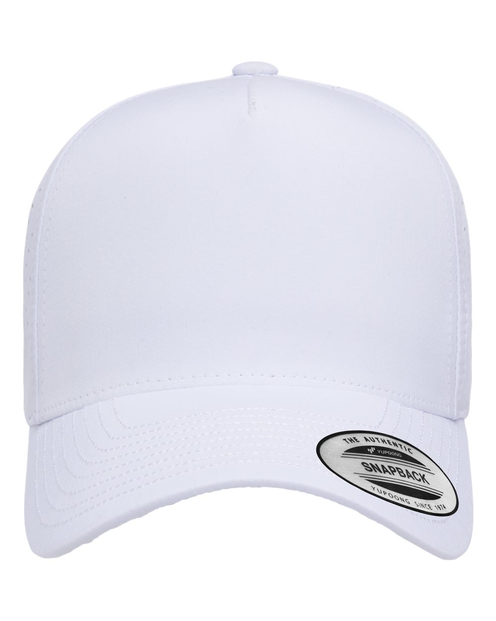 Front View of White Five-Panel Snapback with Perforated Cap - 5389AP