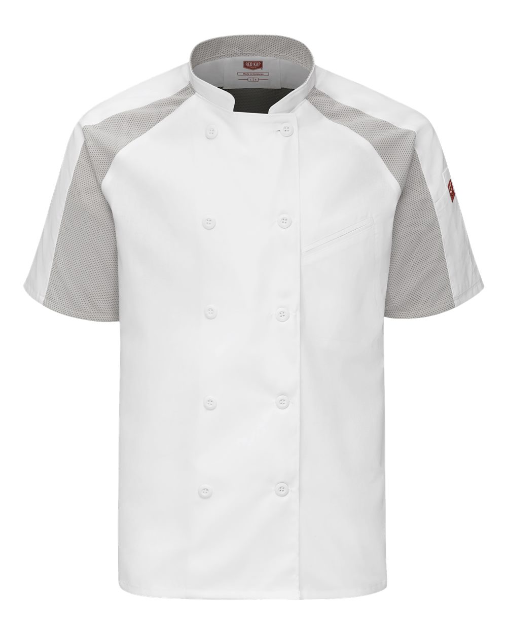 Front View of White/ Grey Mesh Airflow Raglan Chef Coat - 052M