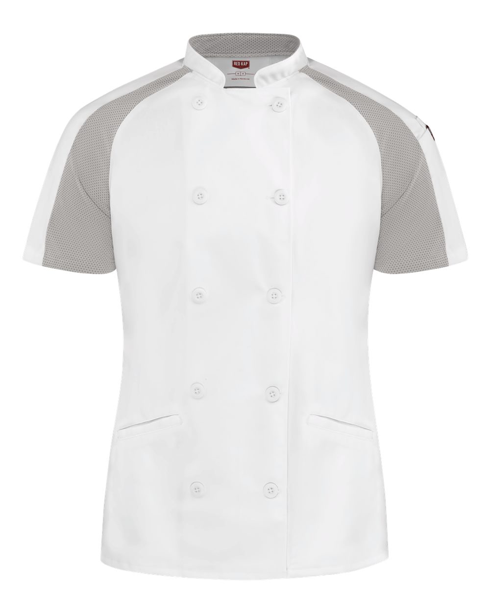 Front View of White/ Grey Mesh Women's Airflow Raglan Chef Coat - 051W