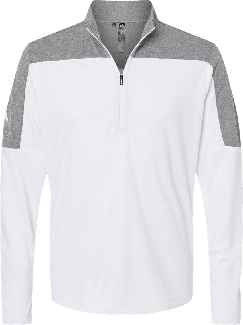 Front View of White/ Grey Three Melange Lightweight Quarter-Zip Pullover - A552