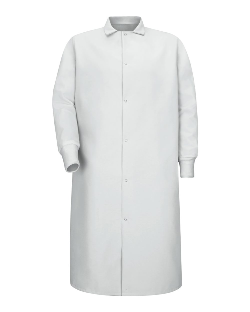 Front View of White Gripper-Front Pocketless Butcher Coat With Knit Cuffs - KS60