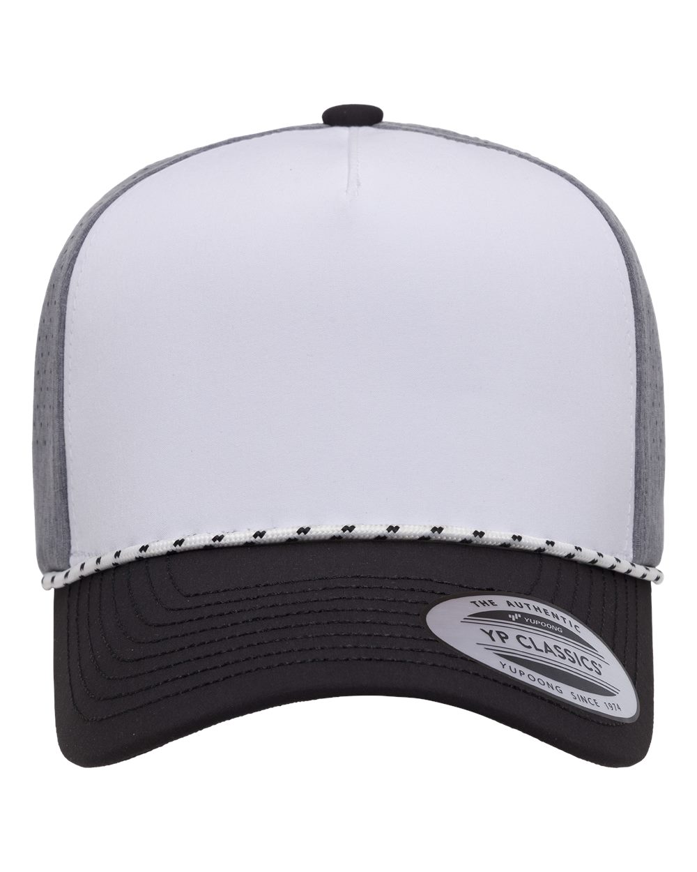 Front View of White/ Heather Grey/ Black Five-Panel Perforated Rope Cap - 5389BD plain