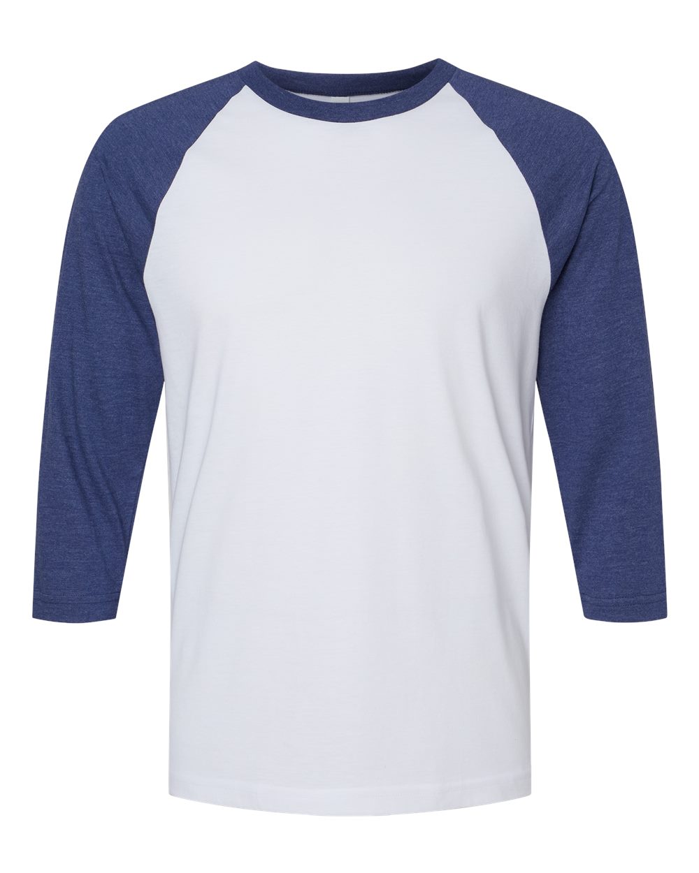 Front View of White/ Heather Indigo CVC Three-Quarter Sleeve Tee - 2003CVC