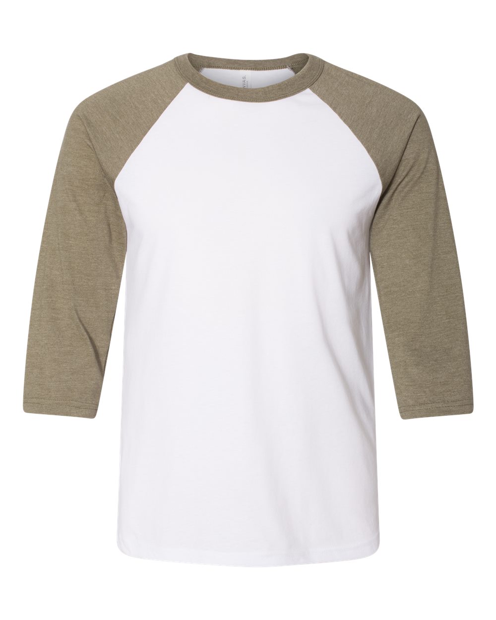 Front View of White/ Heather Olive Three-Quarter Sleeve Baseball Tee - 3200
