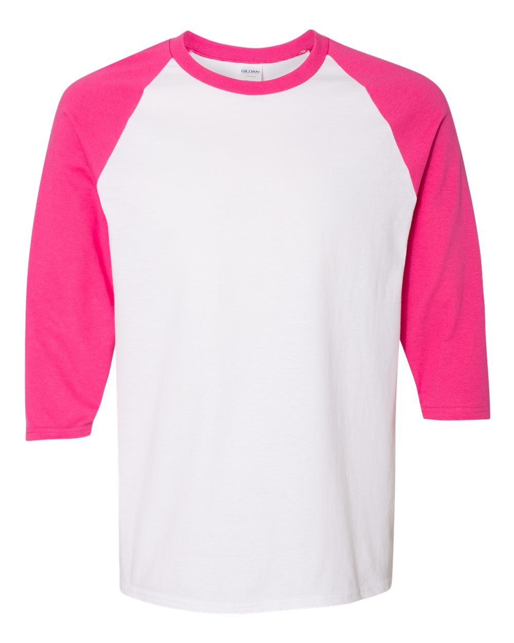 Front View of White/ Heliconia Heavy Cotton™ Raglan Three-Quarter Sleeve T-Shirt - 5700