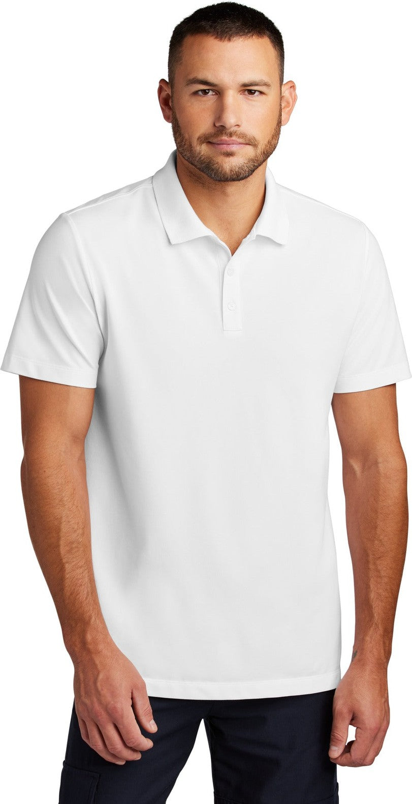 Front View of White Mercer+Mettle Stretch Pique Polo MM1004