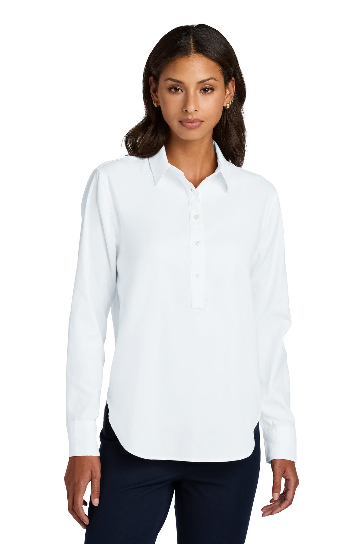 Front View of White Mercer+Mettle Women's Long Sleeve Modern Oxford Shirt MM2003