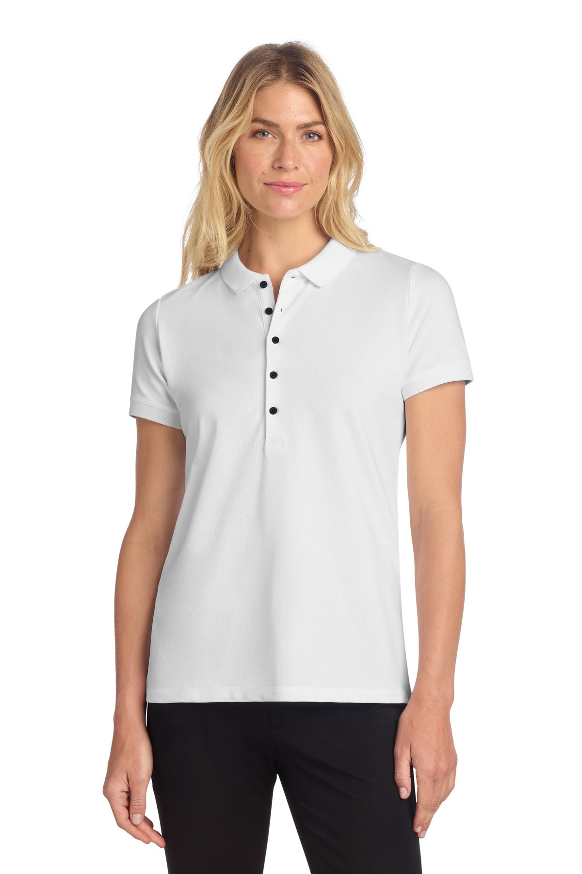 Front View of White Mercer+Mettle Women's Stretch Heavyweight Pique Polo MM1001