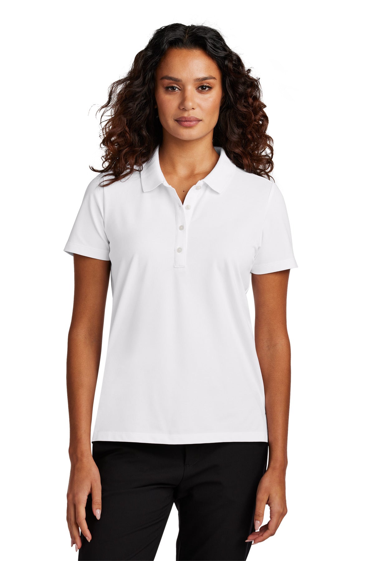 Front View of White Mercer+Mettle Women's Stretch Pique Polo MM1005